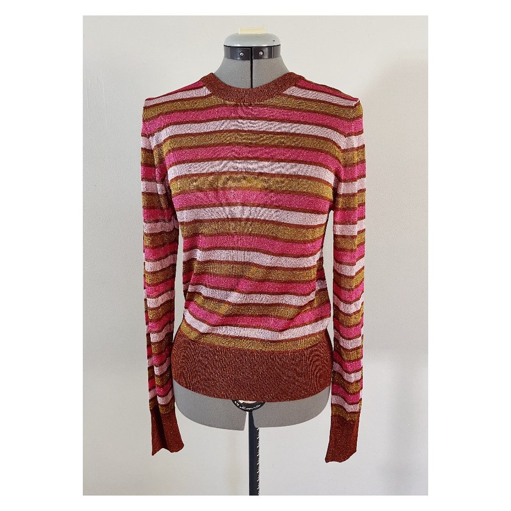 NWT Happy Sheep Sz L Lurex Metallic Stripe Sheer Knit Sweater Pink Rust Gold